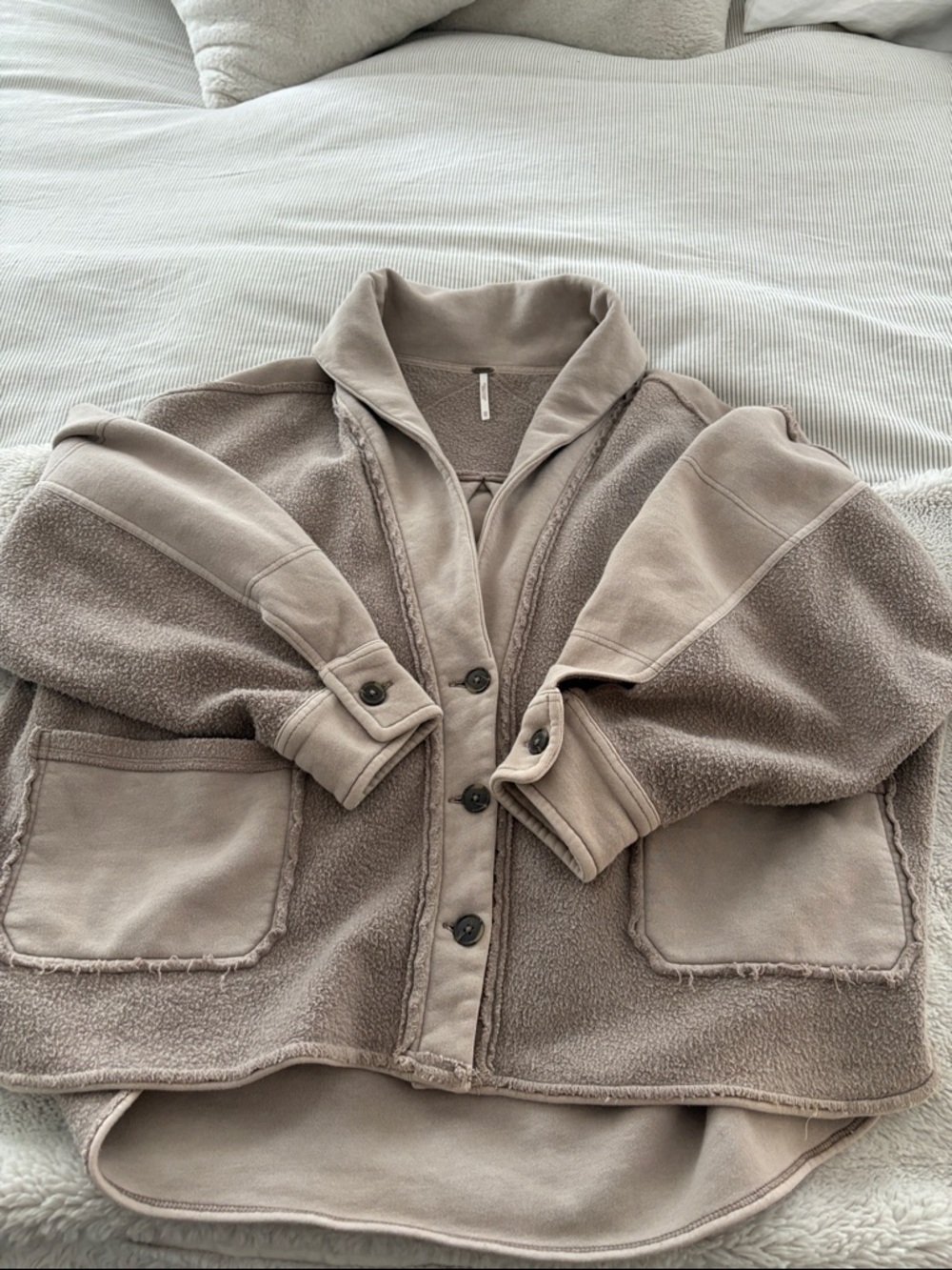 Free People Taupe Button-Front Teddy Jacket